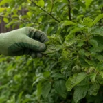 Осмотр листьев садового растения с признаками болезни