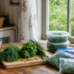 Свежий укроп, петрушка и зеленый лук на дачной кухне перед заморозкой