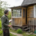 Старый деревянный дачный дом перед ремонтом и хозяин с блокнотом для осмотра