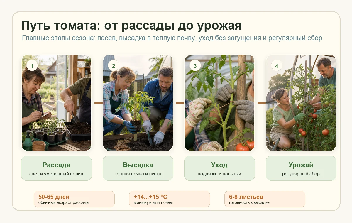 Фотоколлаж этапов выращивания томатов от рассады до урожая