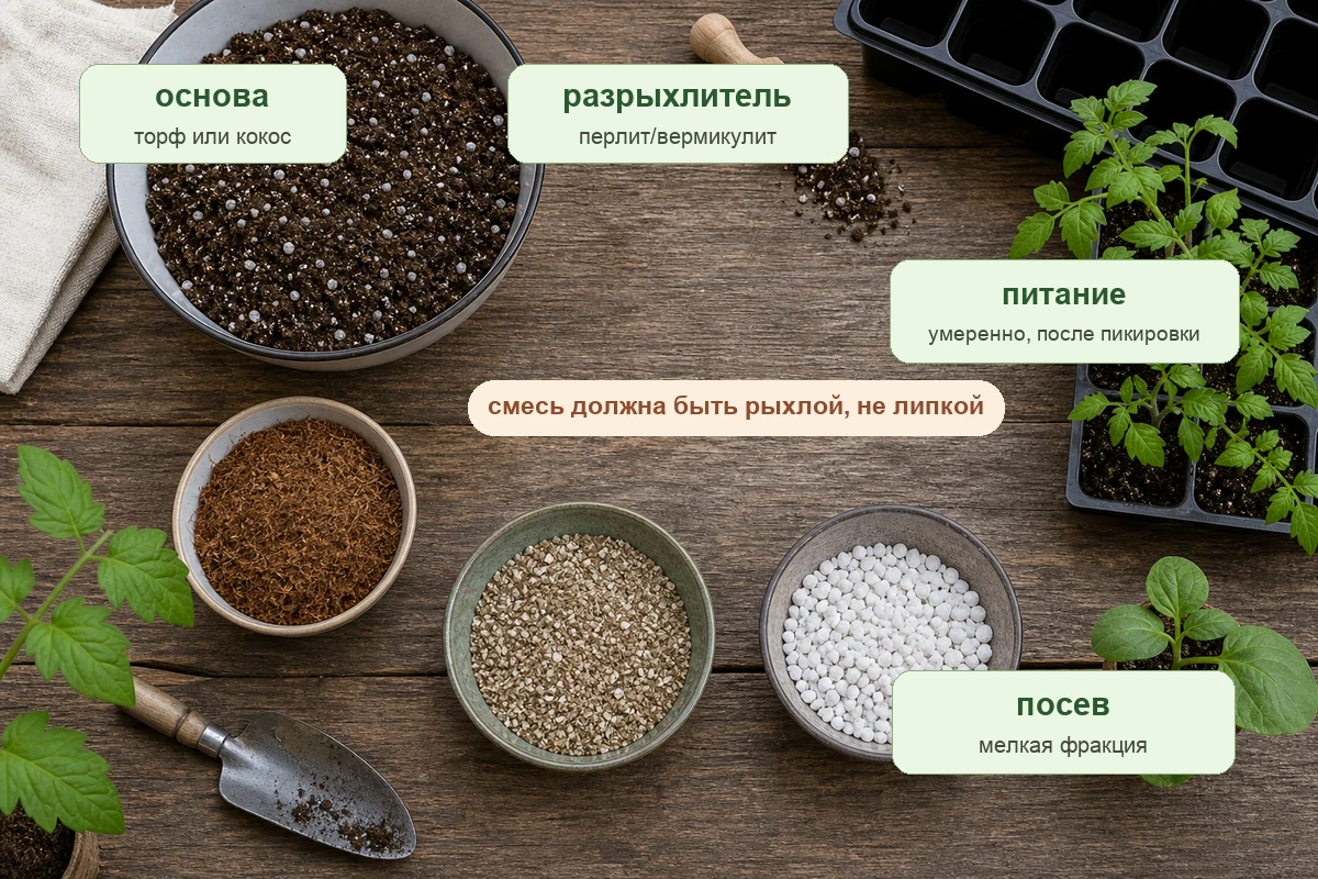 Состав хорошего грунта для рассады: основа, разрыхлитель, питание и мелкая фракция для посева