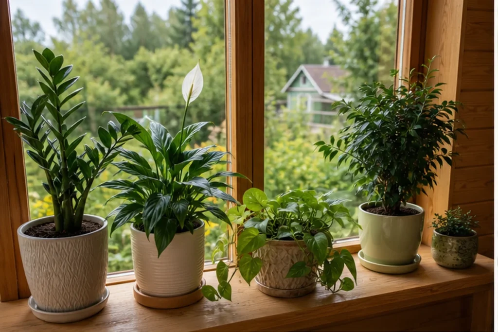 Комнатные растения на подоконнике дачного дома летом