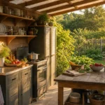 Летняя кухня на даче с мойкой, плитой, рабочим столом и хранением