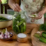 Свежие огурцы, укроп, чеснок и стеклянная банка для быстрых малосольных огурцов
