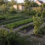 Зона мангала на даче: расстояния, покрытие, навес и безопасность Дачный участок с молодыми деревьями, грядками, колышками и рулеткой для разметки расстояний посадки