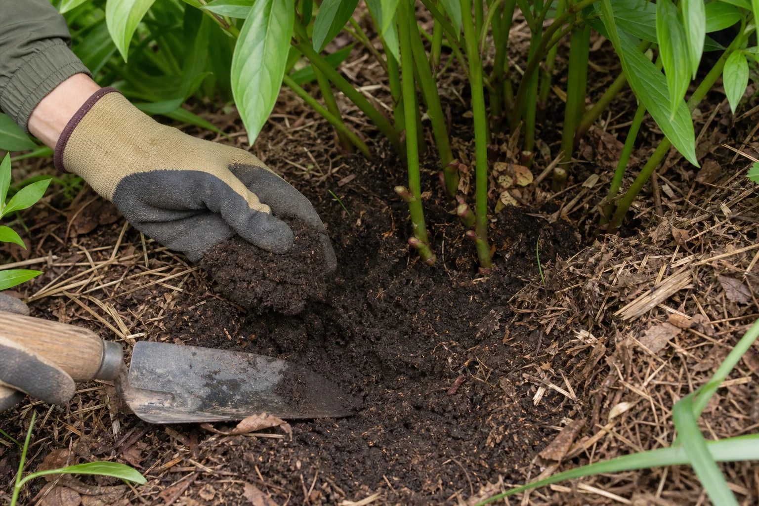 Рука проверяет влажность почвы под отодвинутой мульчей у пиона
