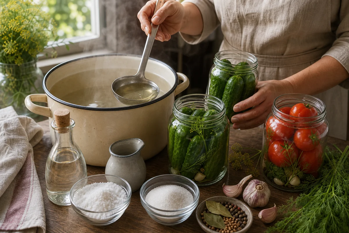 Горячий маринад, банки с овощами, соль, сахар и уксус